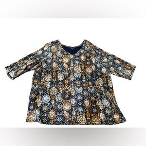 Catherines Women’s Blue and Brown 3/4 Sleeves Patterned Top Size 1X 18/20W